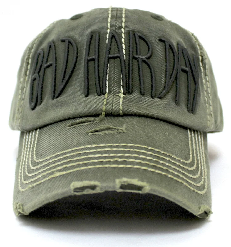 baseball hat high -  VINTAGE OLIVE Contrast-Stitch "BAD HAIR DAY" Embroidery Ballcap