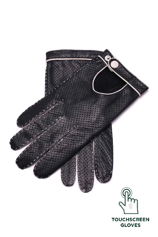 flexible men’s gloves -  Black & Cream Leather Touchscreen Driving Gloves