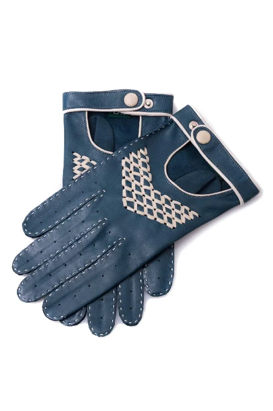 soft evening gloves -  Petrol Blue & Cream Driving Gloves in Lamb Nappa Leather