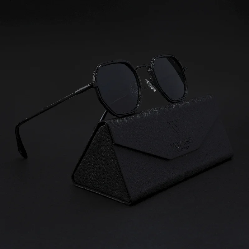 sunglasses with fir charm -  Geometric Polarized Sunglasses (Black Lens | Black Frame - PMG5851)