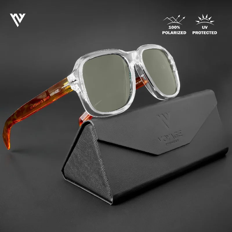 sunglasses for snowy trips -  Wayfarer Polarized Sunglasses (Green Lens | Transparent Frame - PMG4991)